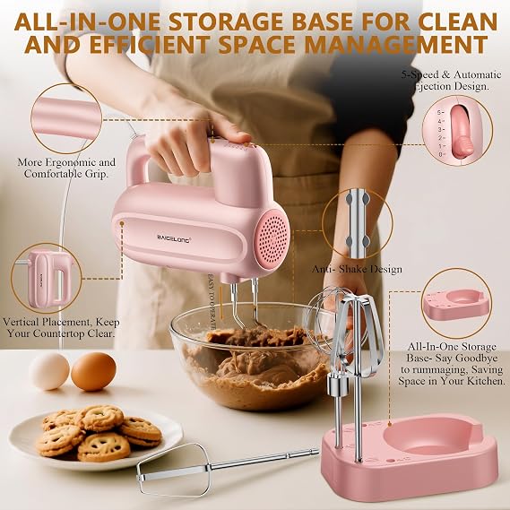 BAIGELONG Hand Electric Mixer, 5-Speed KitchenMixer with 5 * 304 Stainless Steel Attachments + Storage Base, Food Handheld Mixer for Baking, Whipping Cream, Cake Mixing, Pink