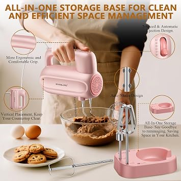BAIGELONG Hand Electric Mixer, 5-Speed KitchenMixer with 5 * 304 Stainless Steel Attachments + Storage Base, Food Handheld Mixer for Baking, Whipping Cream, Cake Mixing, Pink