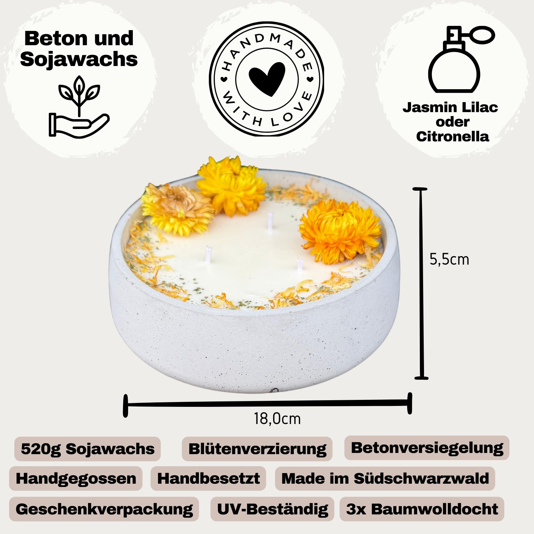 XL Betonkerze Big Sunshine, Citronella, Ø 18cm | Handgegossen, 3-Docht Sojawachs, Mit echten gelben Blüten, Vegan & Nachhaltig, Made in Germany