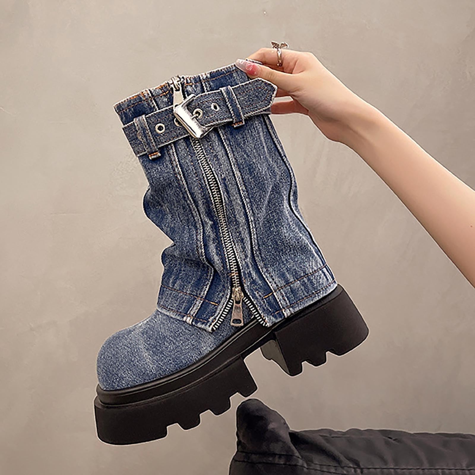 Stivali da motociclista da donna con tacco a blocco, con fibbie, plateau anteriore, stivaletti da cowboy, eleganti stivali da cowboy western, con chiusura lampo, stile retrò, da donna