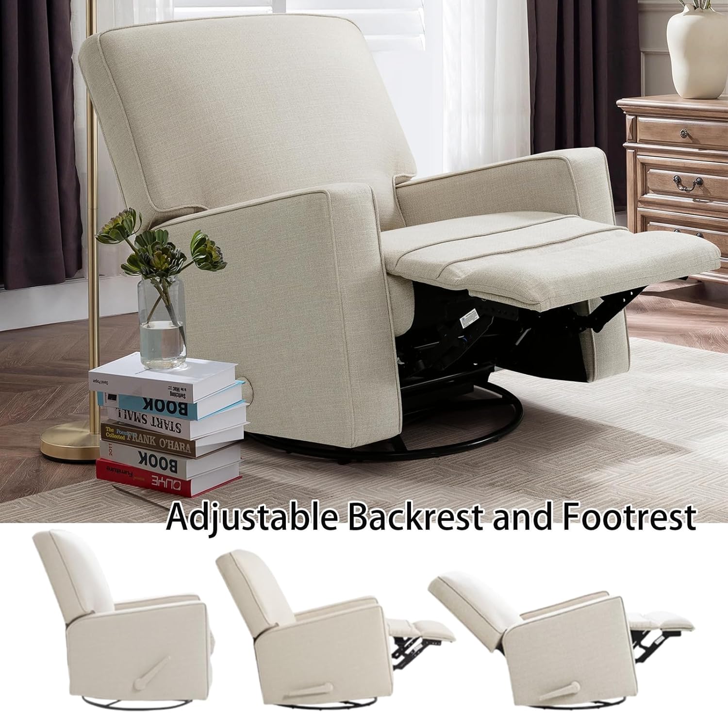 Swivel Rocker Recliner Chair for Adults, 360°Swivel & 30°Rocking Glider, Manual Reclining Nursery Chair with Linen Fabric, Solid Wood & Metal Frame, for Living Room, Bedroom (Beige)