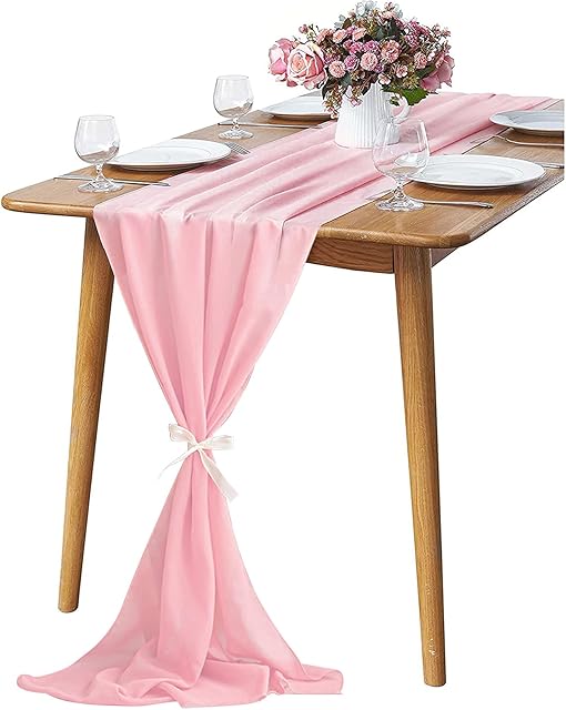 KAMEUN Chiffon Table Runner, 28x120 Inches Pink Table Runner Romantic Wedding Chiffon Fabric for Events Christmas Birthday Banquet Party Bridal Baby Shower Table Decorations Indoor Outdoor