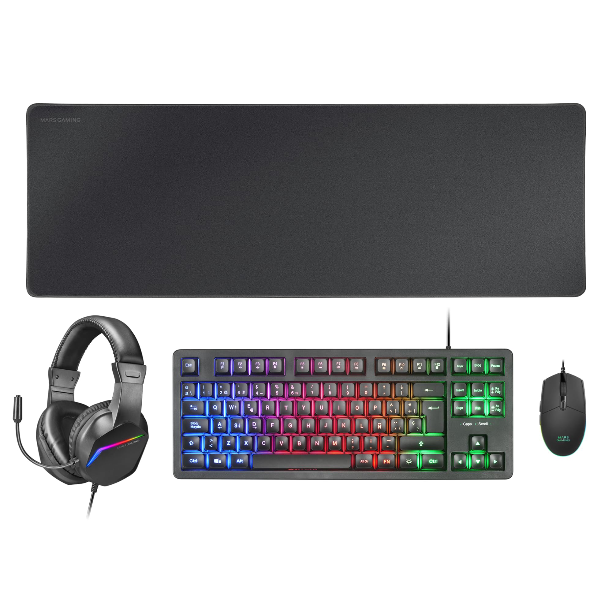 MARSGAMING MCP-RGB3 Pack Gaming Keyboard Fixed RGB + Gaming Mouse RGB Flow 3200 DPI + Headset Over-Ear RGB + XXL Mousepad, Black, Portuguese Language