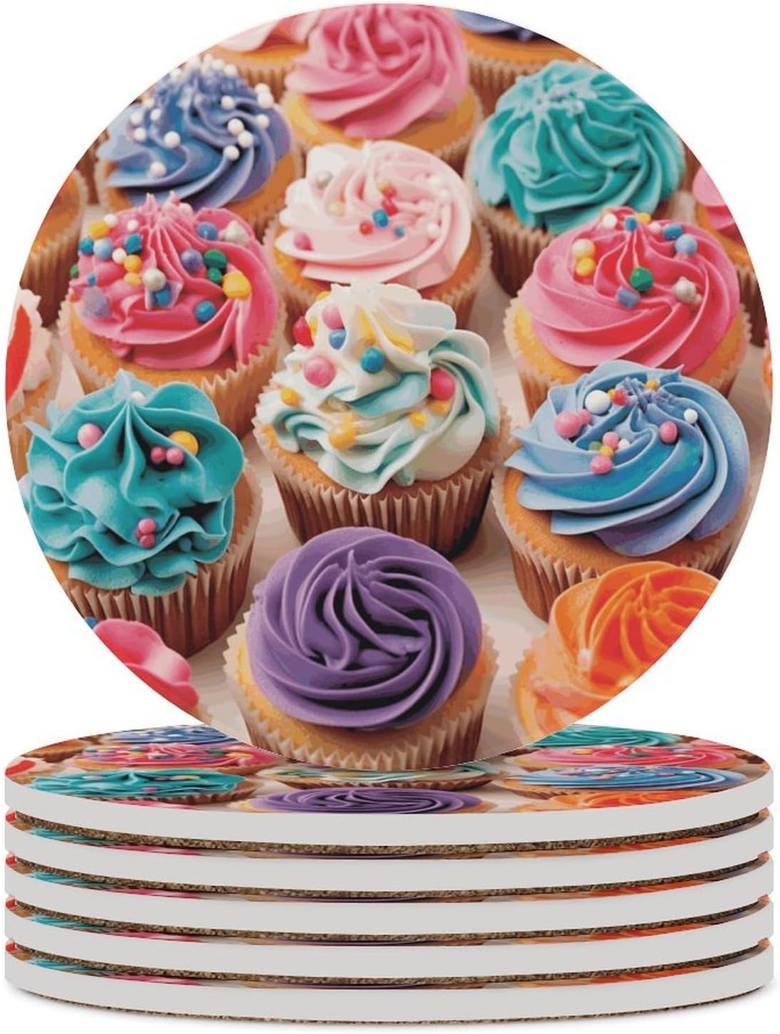 Birthday Cupcakes Coasters for Drinks Absorbing Round Ceramic Stone Coaster with Cork Base Coffee Cup Beverage Table Cup Mat Modern Style Bar Coaster Set for Home Decor