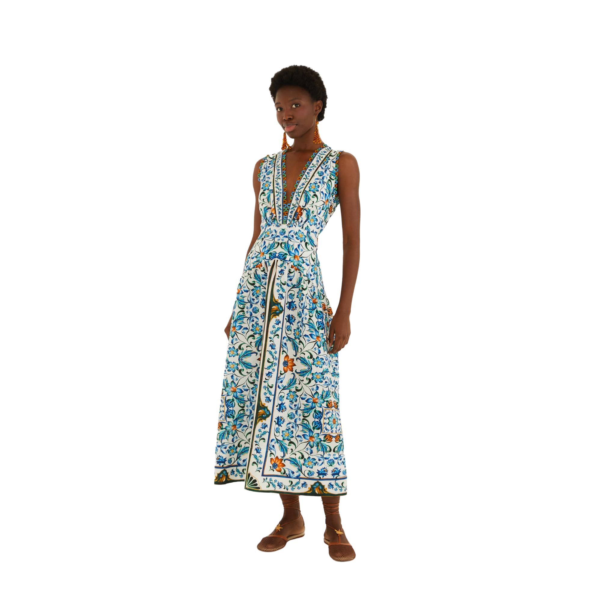 Flora Tile Scallop Linen Maxi Dress, Women's Dress