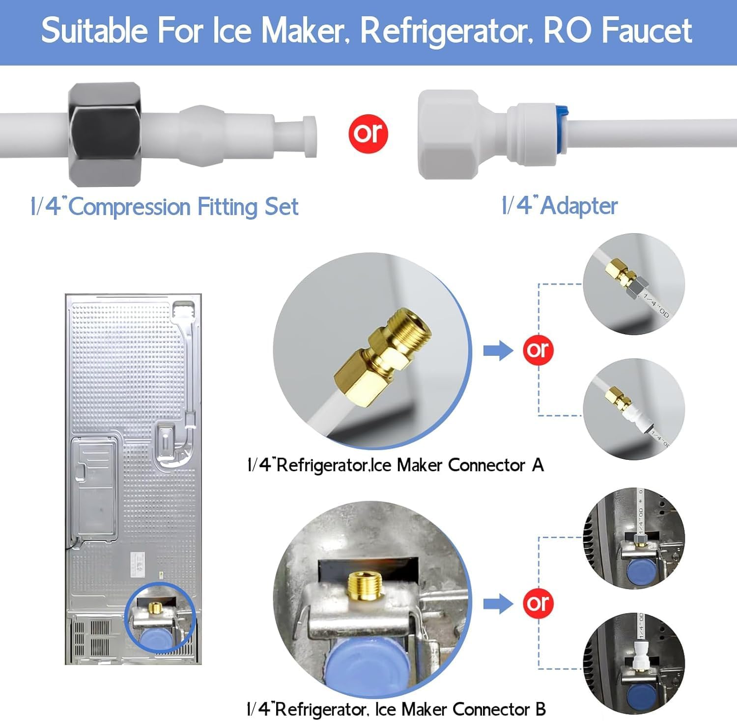 32.8ft Refrigerator Water Line Kit Connection, 1/4 Compression Ice Maker Installation Kit, 1/4" OD Water Line Kit with Quick Connect Fitting for Fridge Ice Maker Reverse Osmosis RO System Water Filter