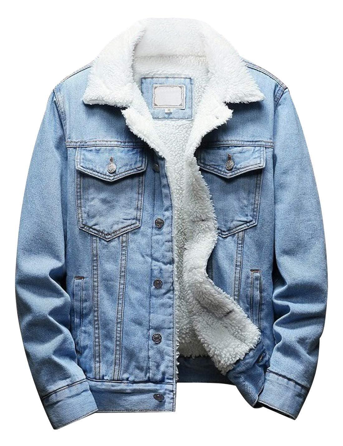 Omoone Mens Lapel Sherpa Fleece Lined Thicken Denim Jean Trucker Jacket Coats
