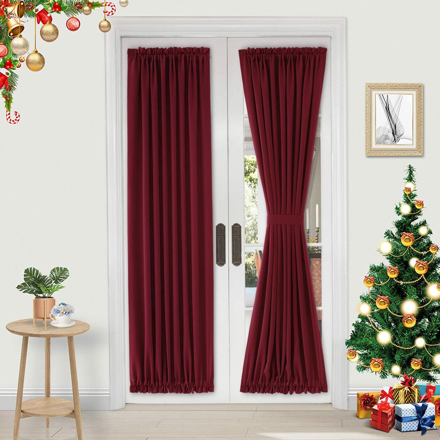DWCN French Door Curtains - Rod Pocket Thermal Blackout Curtain for Doors with Glass Window, Kitchen and Patio Doors for Privacy, 23 X 72 Inches Long, 1 Curtain Panel with Tieback, Burgundy — image 1