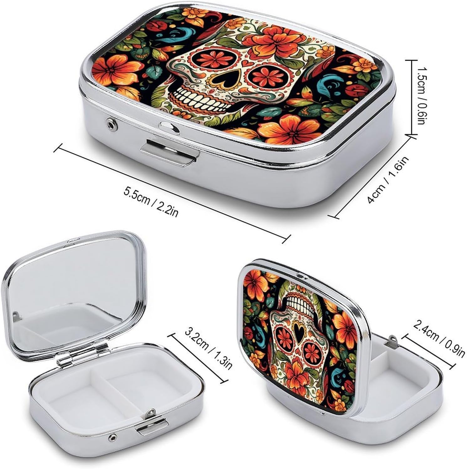 Colorful Sugar Skull Square Pill Case, Metal Pill Organizer image 2