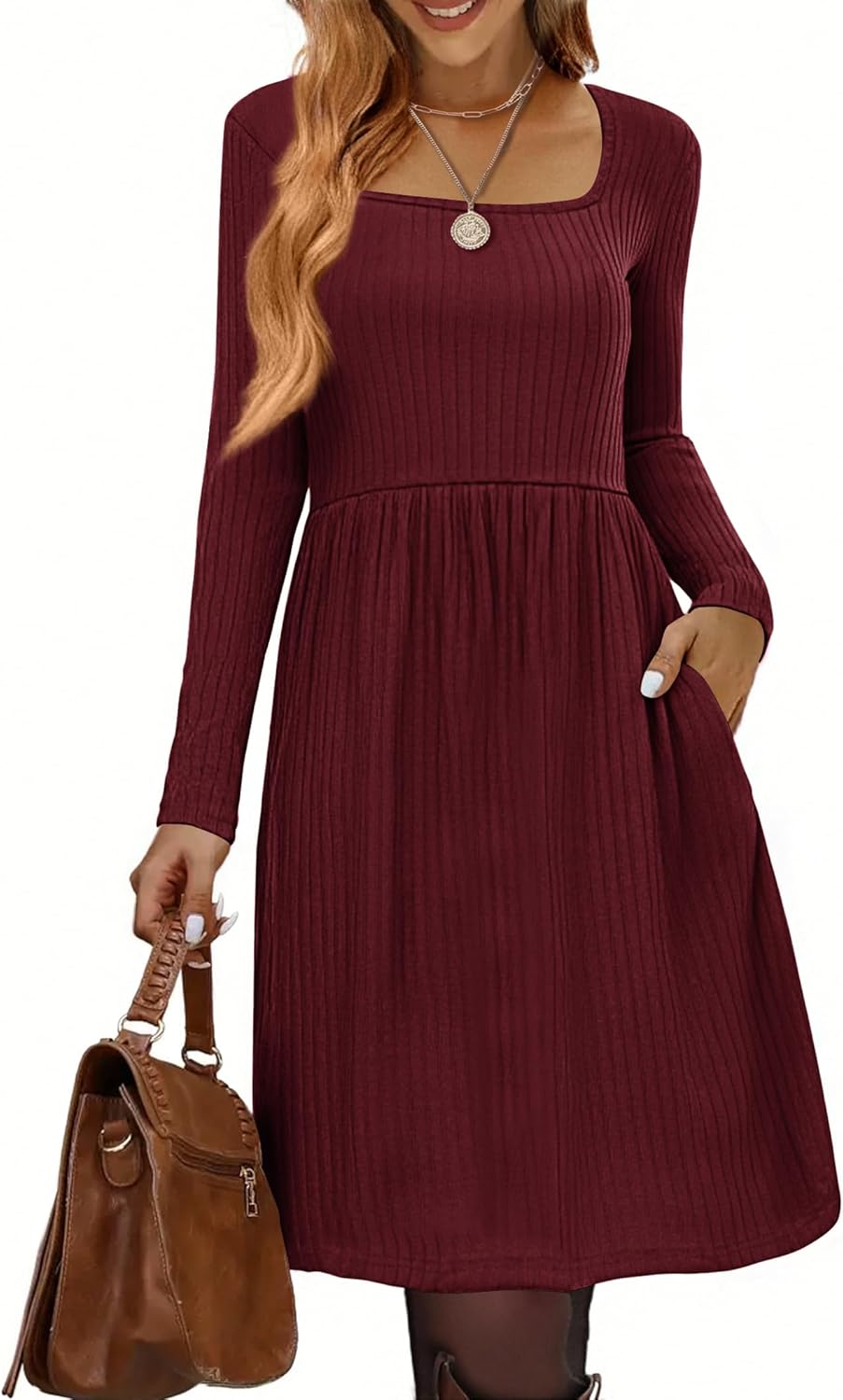 Zeagoo Womens Casual Sweater Dress Square Neck Knit Long Sleeve Dress with Pockets A-Line Knee Length Fall Winter Dress
