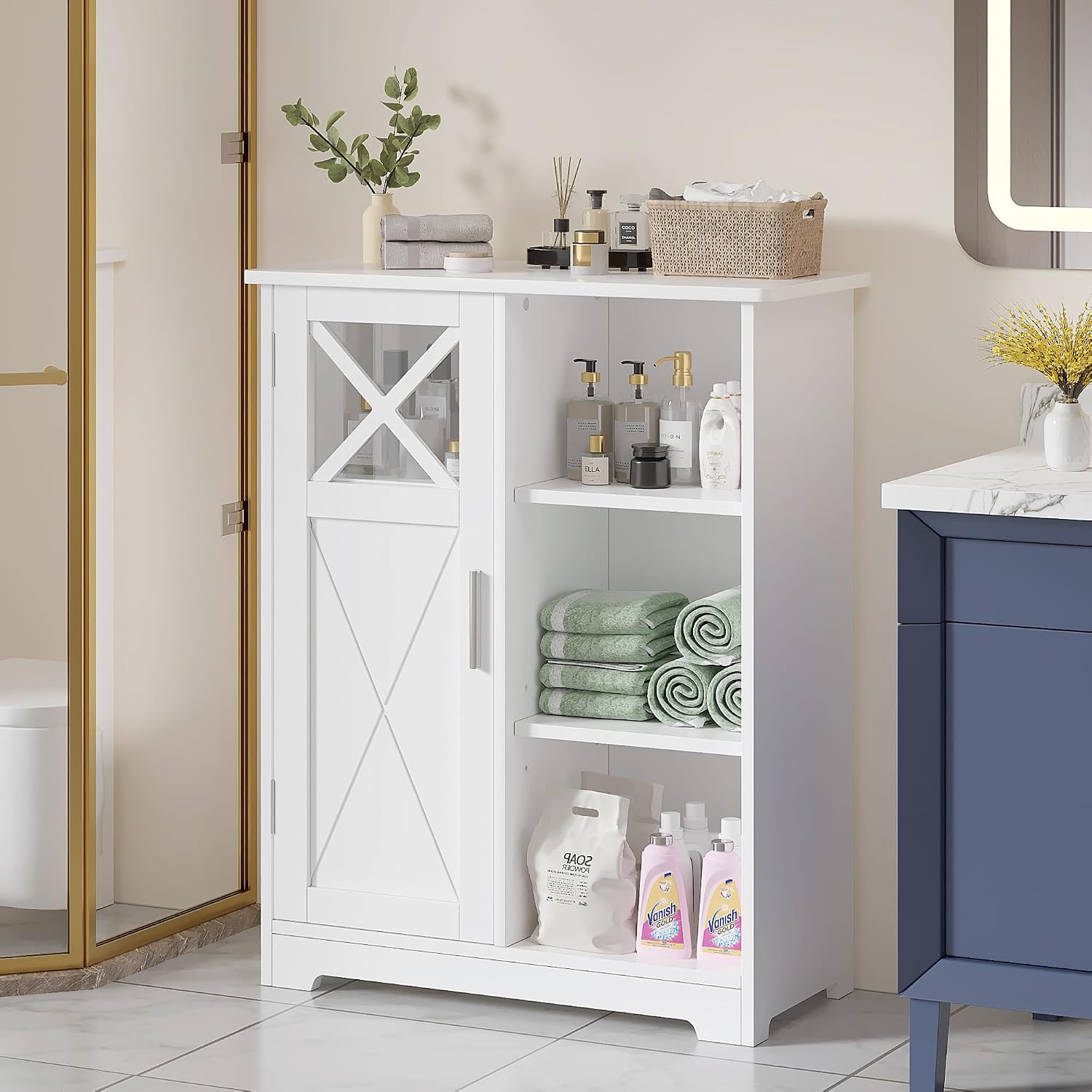 VECELO Bathroom Floor Storage Cabinet with 2 Adjustable Shelves, Freestanding Cabinet with 1 Door & 3 Open Compartments for Bathroom, White