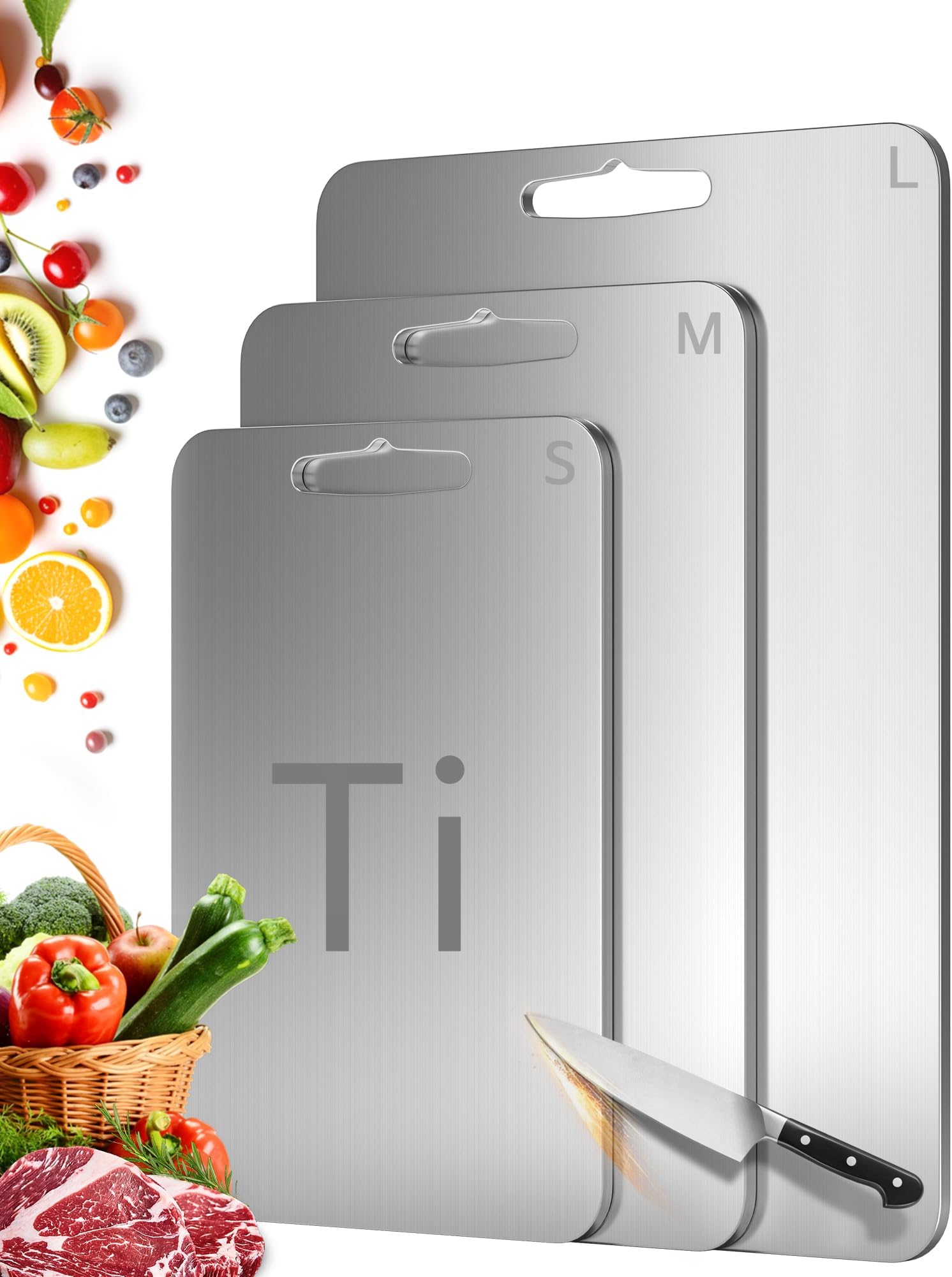100% Pure Titanium Cutting Boards for Kitchen - Set of 3 Titanium Cutting Board Non Toxic | Double-Sided Metal Cutting Board for Meat, Vegetables and Fruits | Dishwasher Safe (S/M/L)