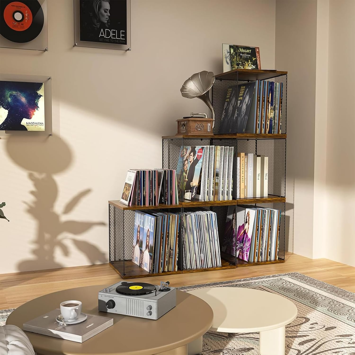 Caja de almacenamiento de 2 cubos de vinilo para manualidades, apilable de 12 pulgadas, para 80-110 discos, caja de almacenamiento de álbumes, madera natural, adecuada para dormitorio, sala