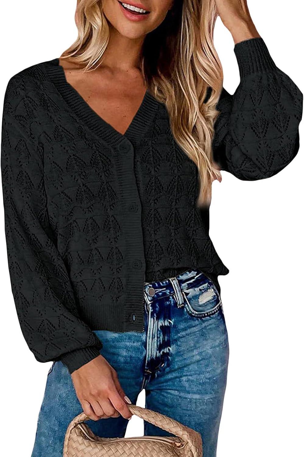 Women's Crochet Cardigan Sweaters Hollow Out V Neck Lightweight Cardigan Jacket Eyelets Long Sleeve Kintwear Outwear
