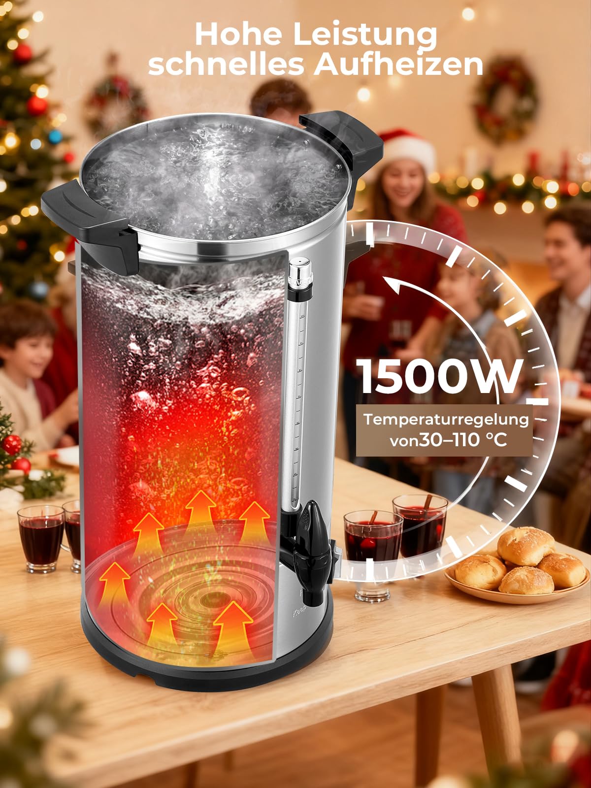 Glühweinkocher 10L, 1500W Heißwasserspender 100 Tassen/H, Glühweintopf mit Zapfhahn & Thermostat, Elektrischer Heißgetränkespender & Edelstahl Glühweinkessel
