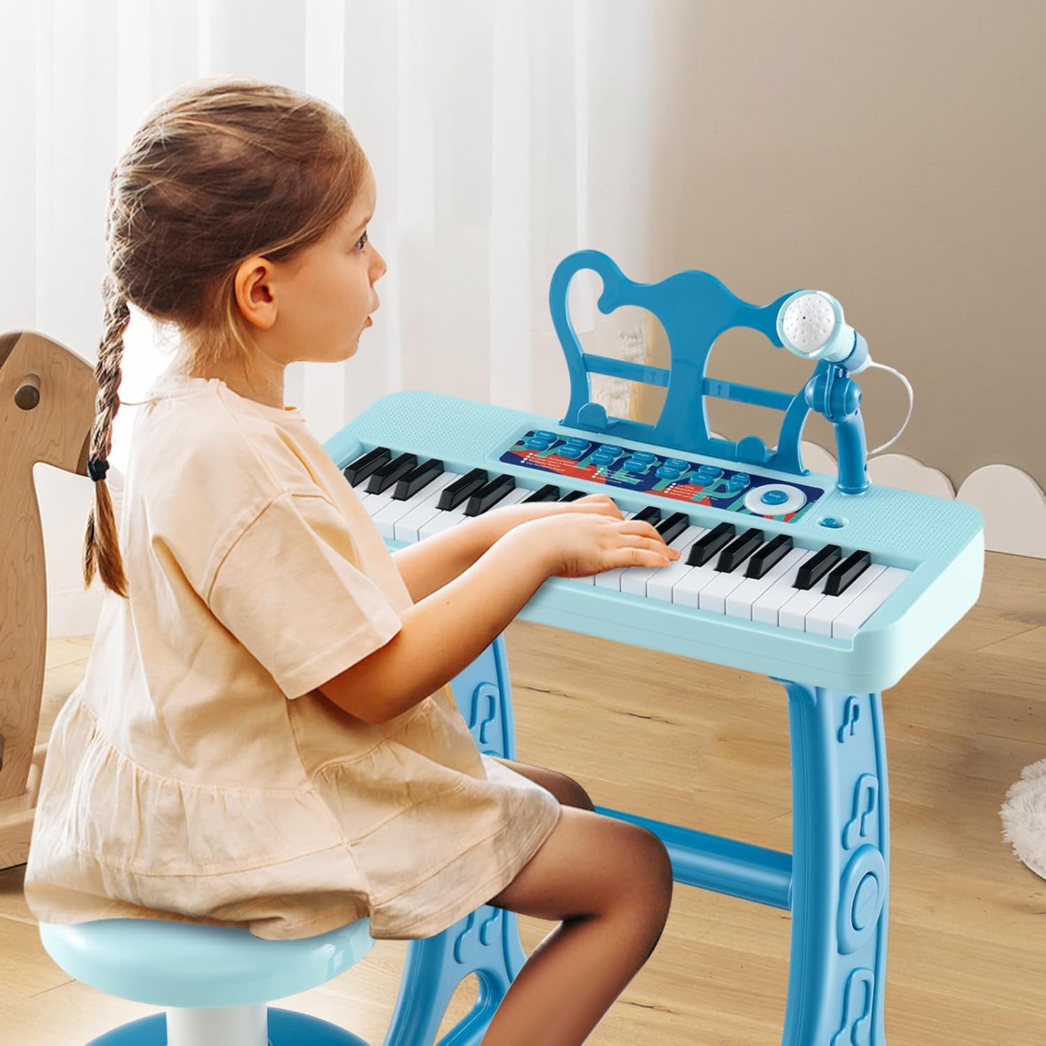 HONEY JOY Kids Piano, 37-Key Blue Kids Keyboard Piano w/ Music Stand & Bench, Toy Baby Grand Piano w/ Microphone, Portable Electronic Educational Musical Instrument, Toddler Piano for Girls Boys