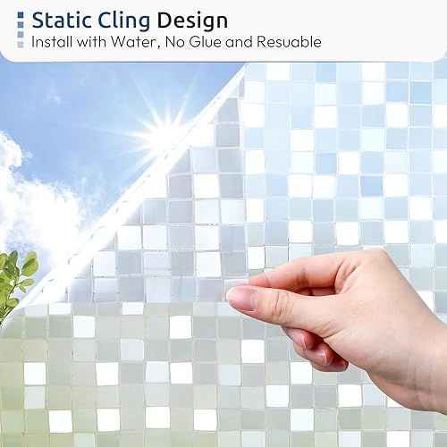 Miniatura 31 de rabbitgoo Película de privacidad para ventana, 3D decorativa vitral, adherencia estática, bloqueo solar, adhesivo de vinilo extraíble, carámbanos