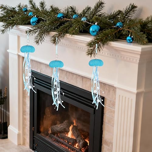 Miniatura 7 de 3 piezas de medusas de erizos de mar, adornos para árbol de Navidad, medusas costeras colgantes con cristales y cintas para fiesta temática de