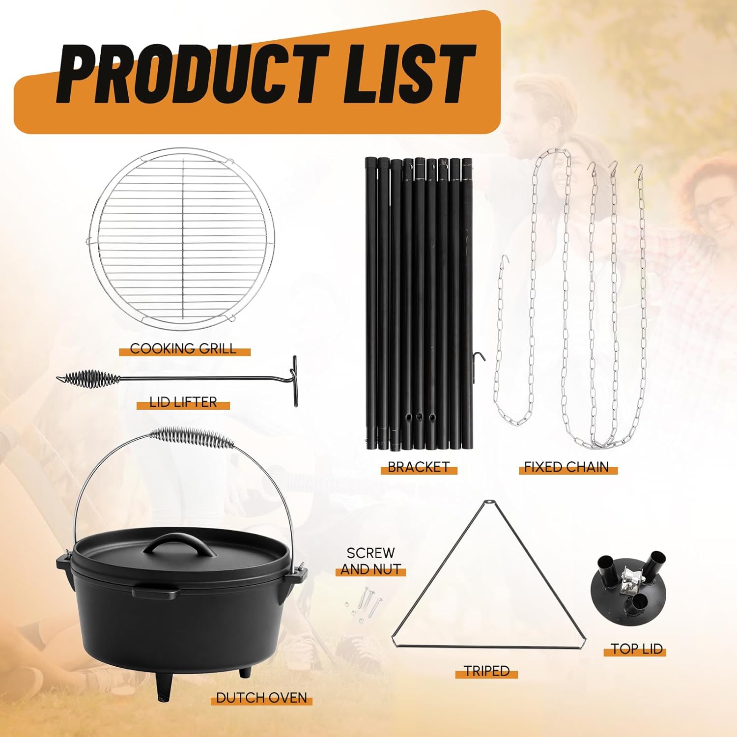 Maxdot Camping Tripod Dutch Oven for Camp Fire Cooking Equipment, 4 Quart Cast Iron Dutch Oven with Lid, Adjustable Height Tripod Campfire Lantern Hanger, Grill Grate, Cap Remover for over Fire Pit