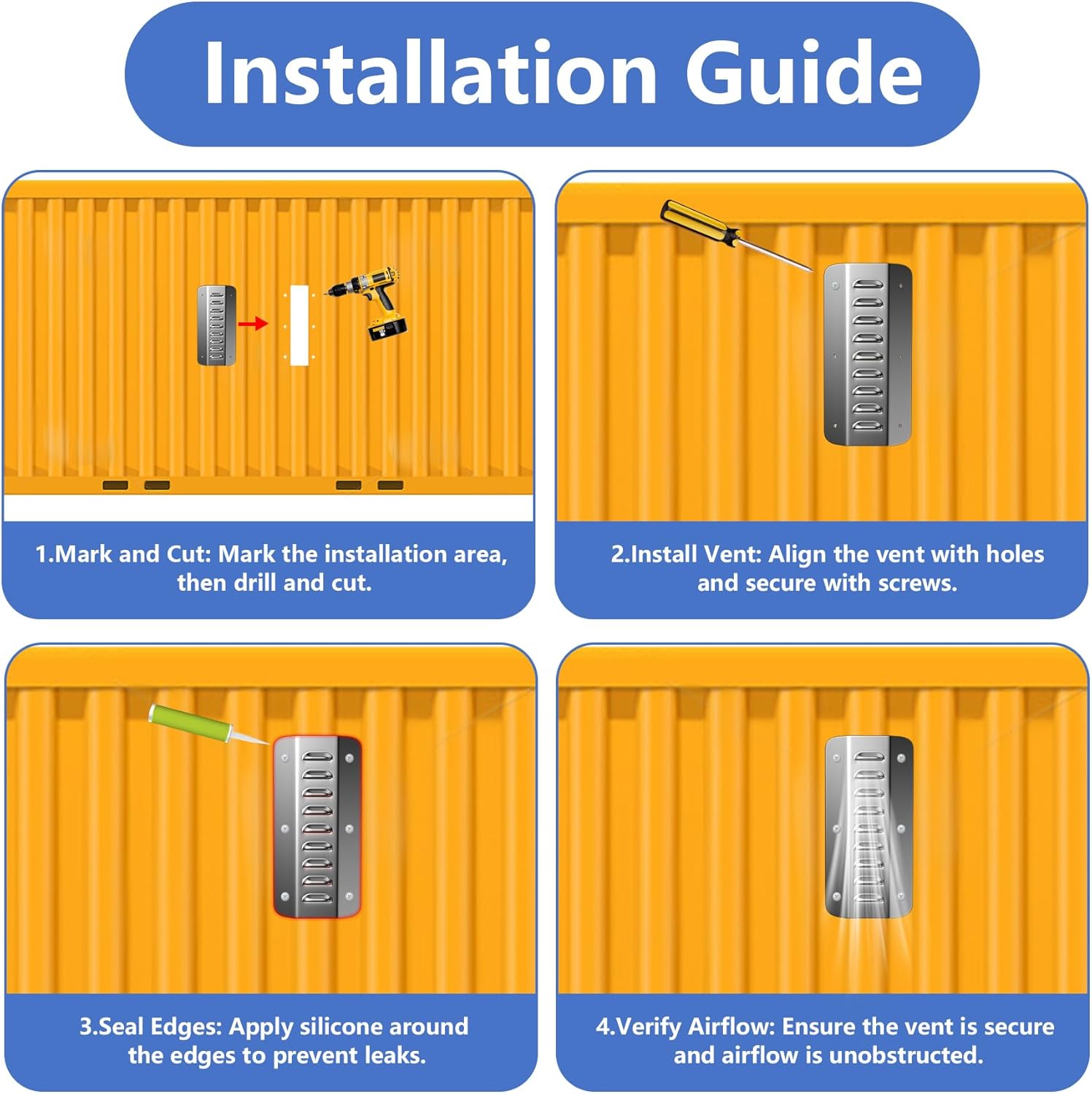 4-Pack Stainless Steel Shipping Container Air Vents – Heavy-Duty, Rust-Free Ventilation for 20FT/40FT Containers, Prevents Moisture, Heat & Small Animals, Easy Installation Kit with Screws