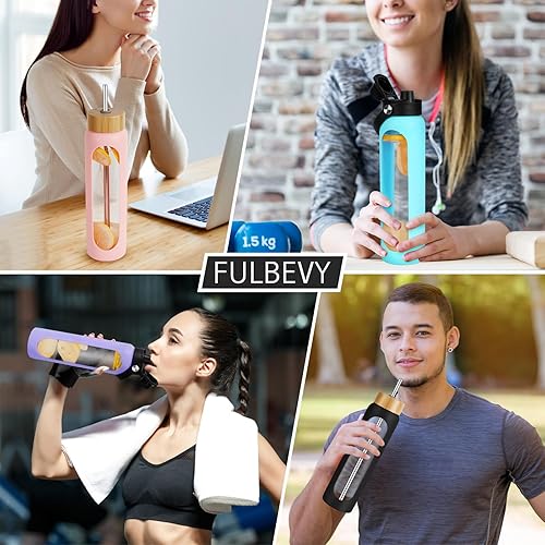 Miniatura 6 de Botellas de agua de vidrio de 32 onzas  Vaso motivacional de 1 litro con marcador de tiempo  Botella de agua de vidrio de borosilicato con funda de