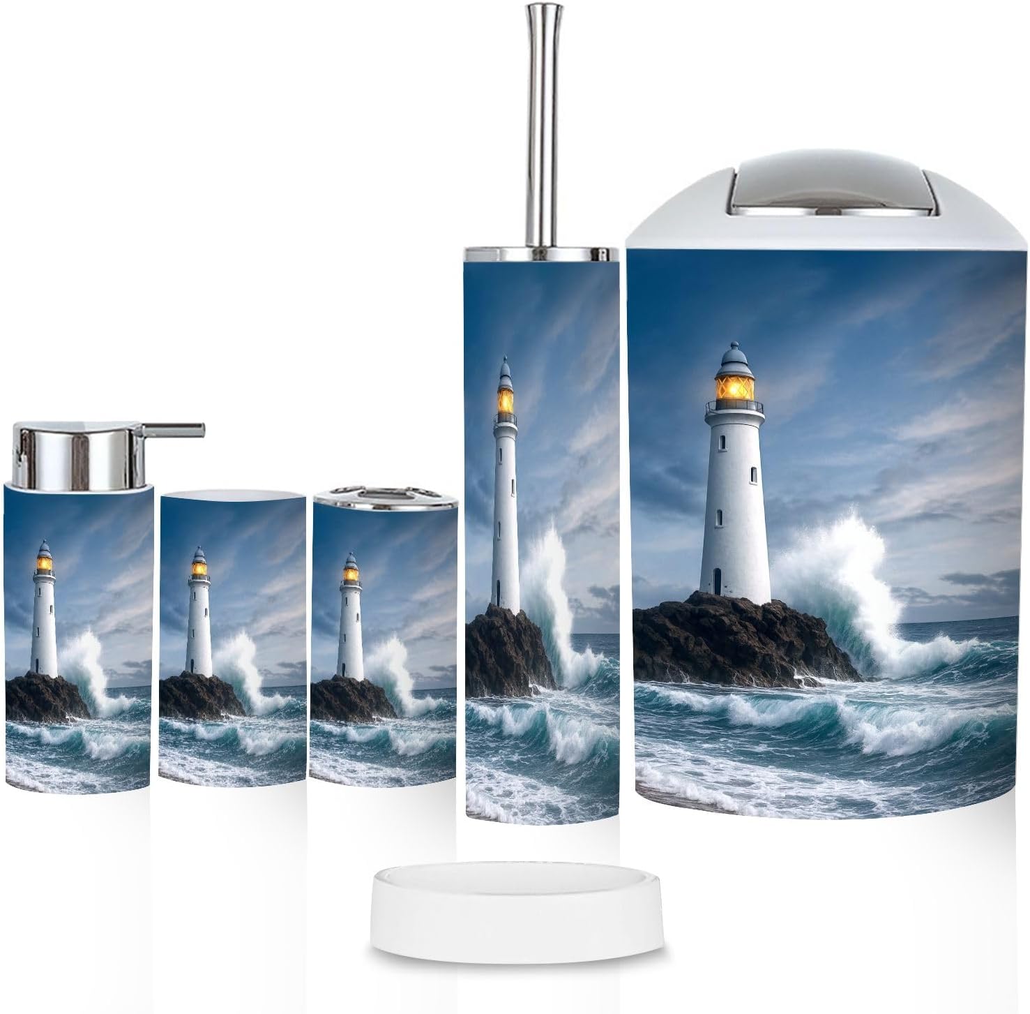 Bathroom Accessory Set 6 Piece White Lighthouse Cliff Toothbrush Cup Toothbrush Holder Soap Dispenser Soap Dish Trash Can with Lid Toilet Brush Holder Counter Decor