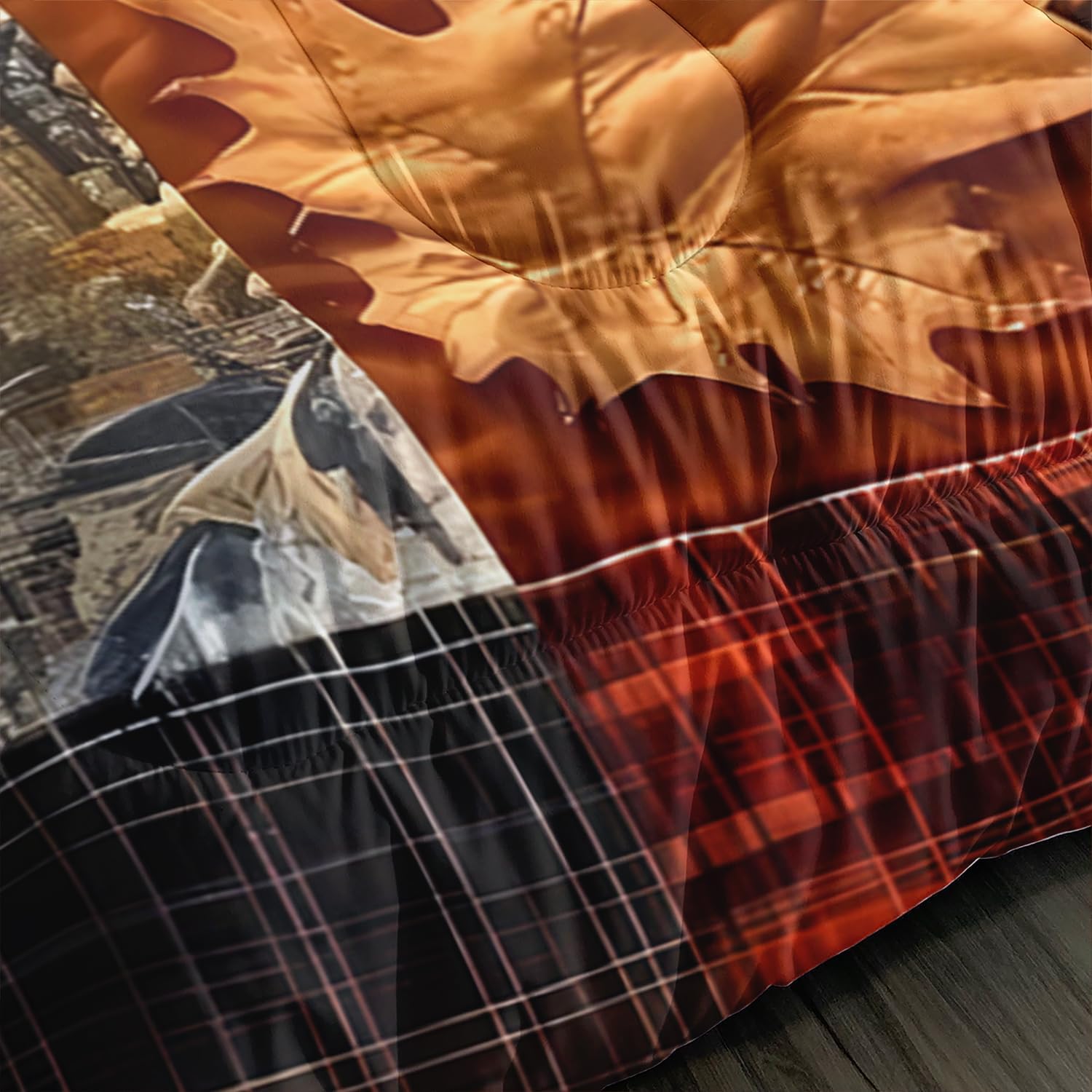 Fall Maple Leaf Printed Comforter 3Pcs Queen Orange Brown Rustic Leaves Bedding Set for Kid Teen Boy Girl Adult Vintage Colorful Patchwork Grid Quilt Bed Decor with 1 Comforter & 2 Pillowcases