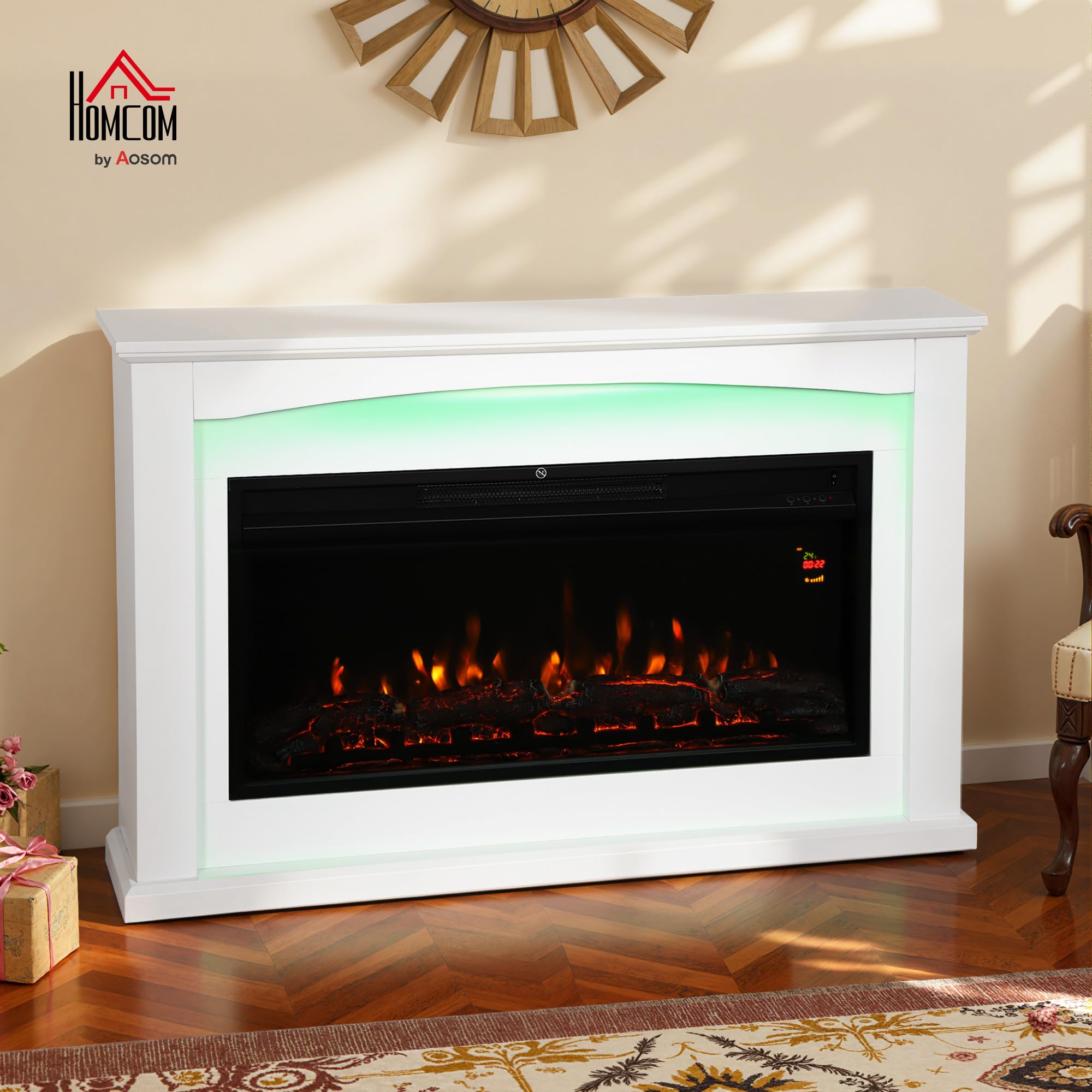 HOMCOM Caminetto elettrico 1000W/2000W, effetto fiamma con 5 luminosità regolabili, finto caminetto decorativo con mantello, termostato regolabile, telecomando, timer, fino a 30 m², bianco