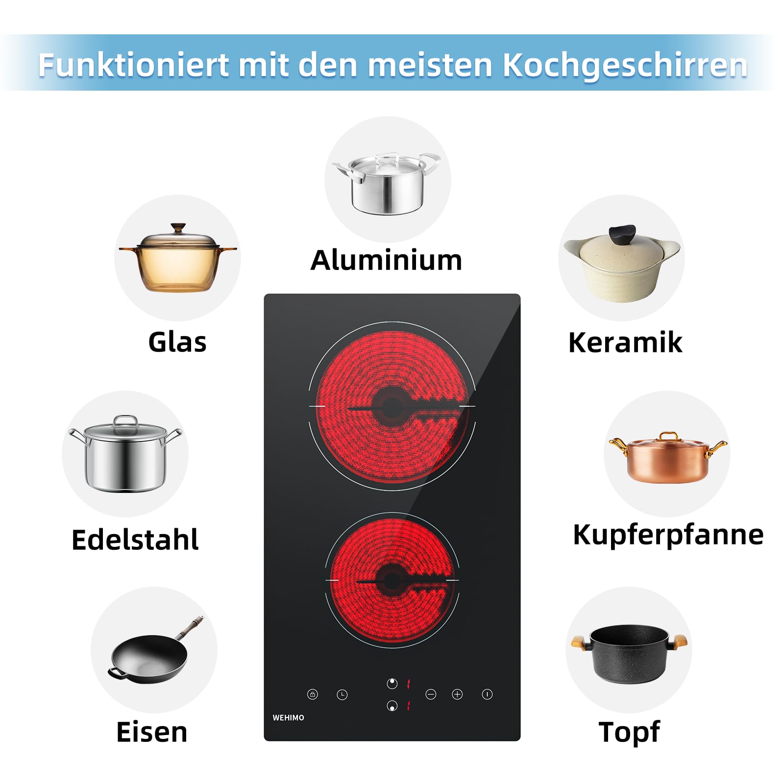 WEHIMO Glaskeramikkochfeld 2 Platten 3000W 29.5cm Domino Kochzonen Berührungssteuerung Kindersicherung Timer