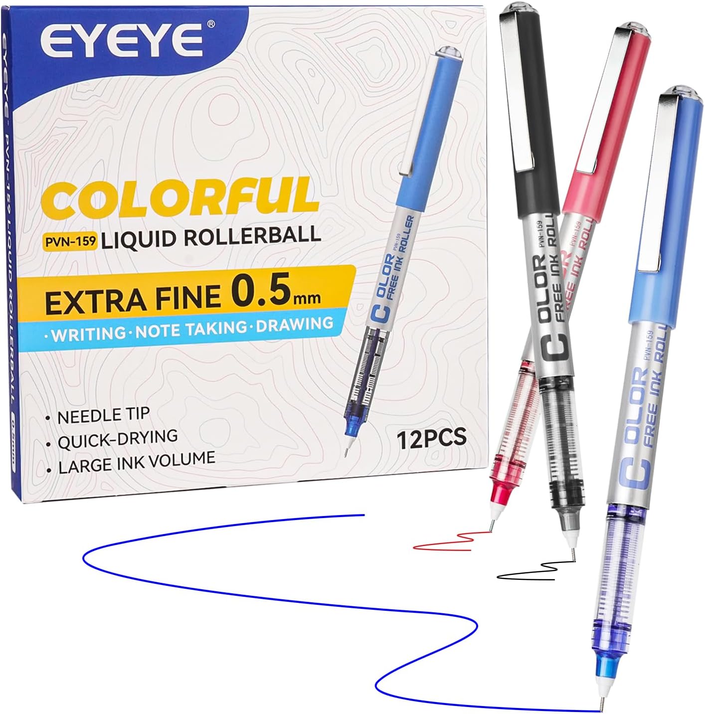 EYEYE Needle Rollerball Pens 0.5mm, 12 Pack 3 Colors Extra Fine Point Roller Ball Pen Quick Dry, Liquid Ink Pens Fine Point Smooth Writing Pen for Journaling, Note Taking, Office, School Supplies