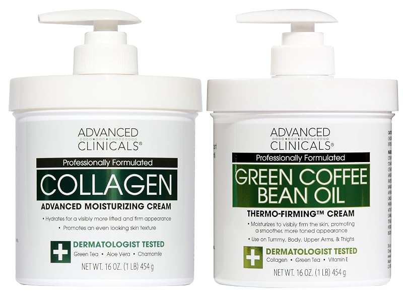 Advanced Clinicals Creme Corporal de Colágeno sem Fragrância com Óleo de Café Verde e Hidratante Facial, 2 unidades