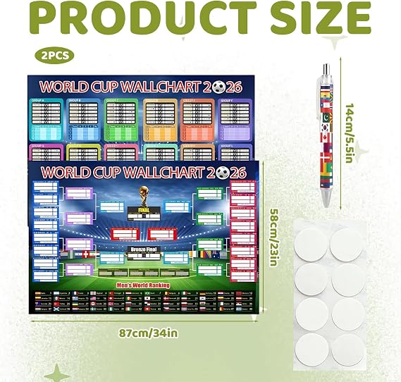 QiiWuic World Cup Wall Chart 2026, 87×58cm Interactive Foldable Poster and Handwritten Pen, World Cup 2026 Football Match Schedule Chart, Ideal for Football Enthusiasts and Sports Bar Displays