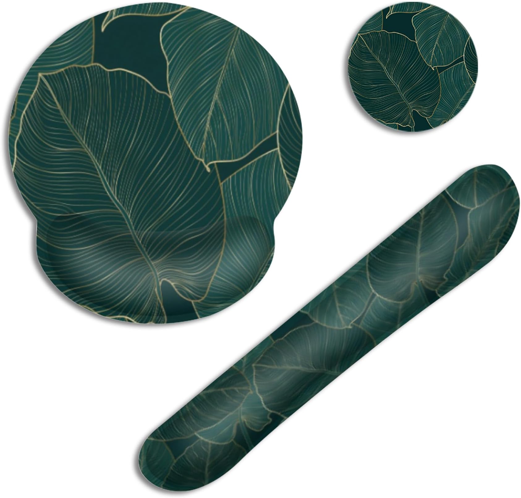 Green Tropical Leaves Ergonomic Keyboard Wrist Rest Pad and Mouse Mat Set,with Memory Foam and Non-Slip Rubber Base, Comfortable Typing and Pain Relief for Home Office, Gaming and Computer Desk