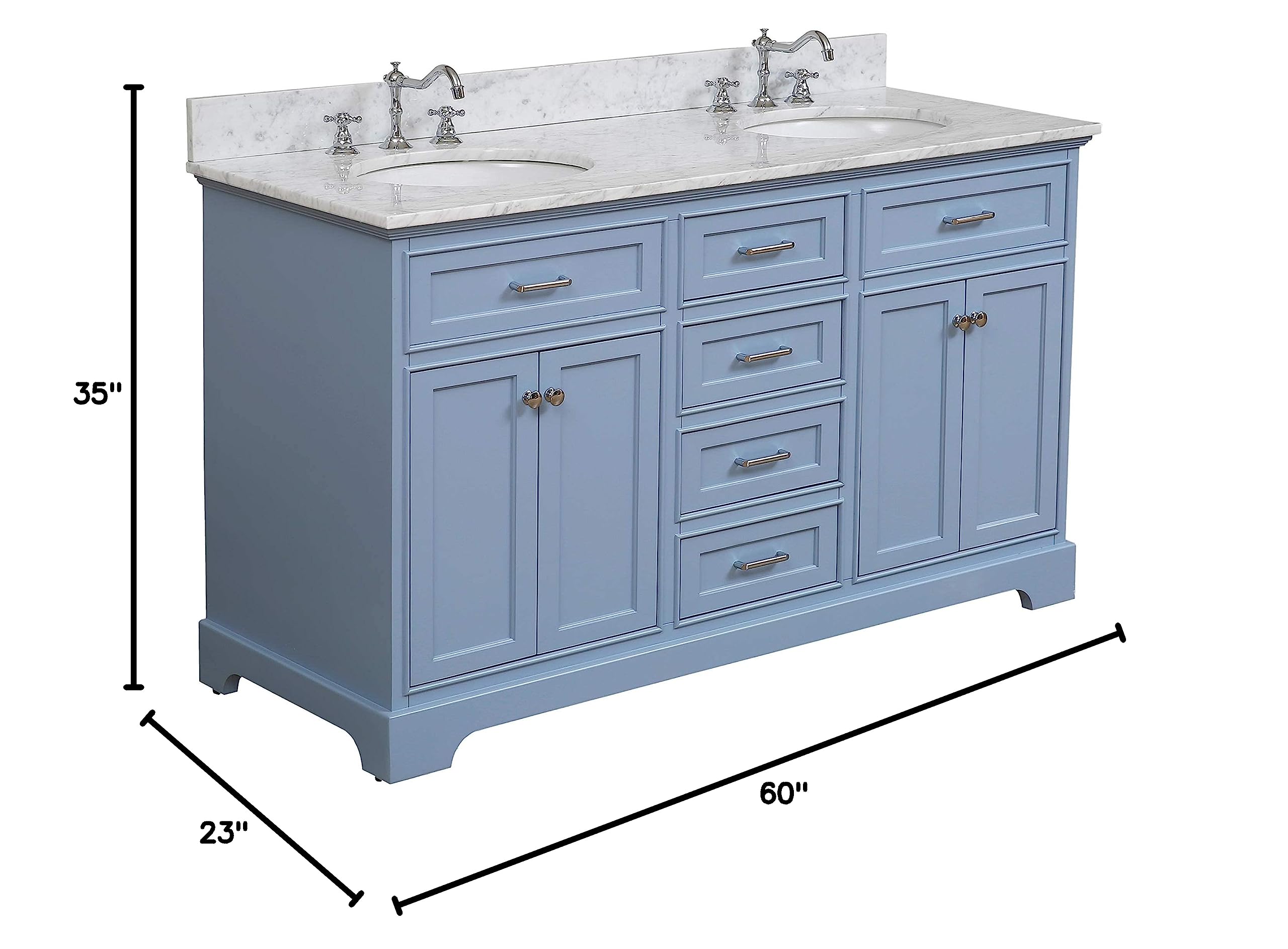 Condition photo showing Good Condition for Kitchen Bath Collection Aria 72-inch Double Bathroom Vanity (Carrara/Powder Blue): Includes Powder Blue Cabinet with Authentic Italian Carrara Marble Countertop and White Ceramic Sinks