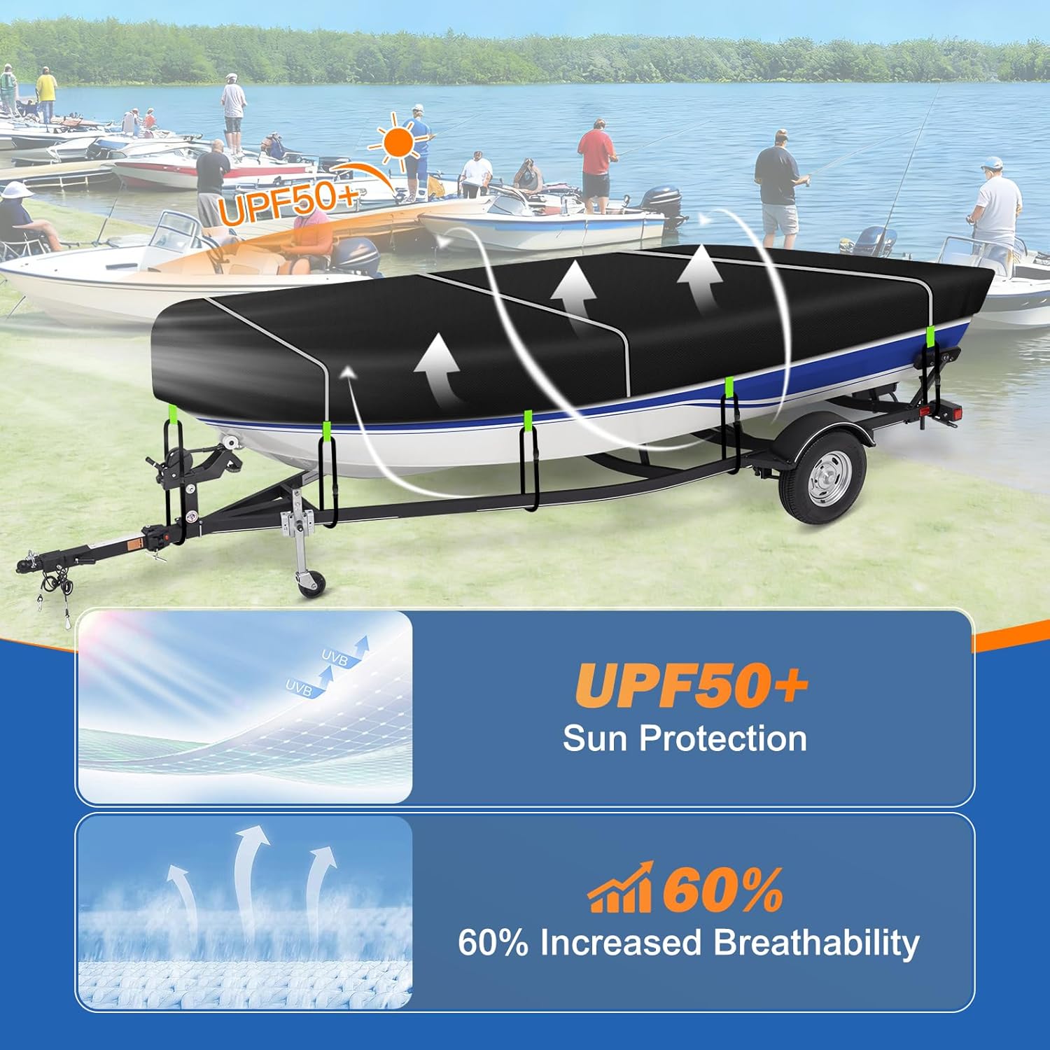 Heavy Duty Jon Boat Cover 14-16 ft, Waterproof Boat Cover with 10 Pcs Windproof Straps, Premium Jon Boat Cover 16 ft Protection, Essential Jon Boat Accessories for Jon Boat Beam Width up to 75 inch