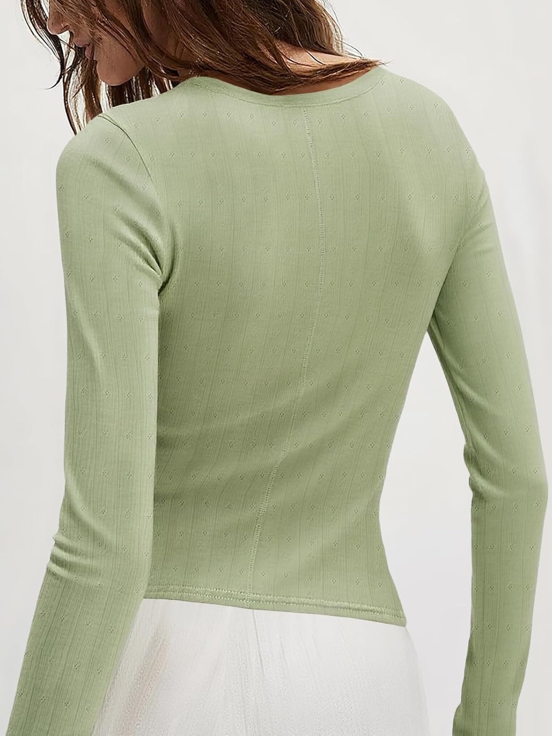 Women Ribbed Knit T-Shirt Tops Long Sleeve Button Down Stretchy Slim Fit Scoop Neck Blouse - Image 4