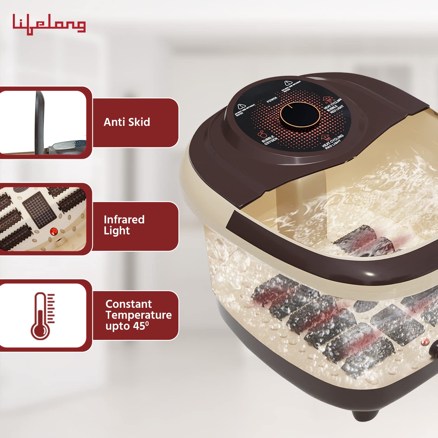 Lifestrian foot spa massage machine for pain relief - leg massage for home with 12 rollers with water heating function, digital panel, bubble bath for pedicure tub - foot care and rest at home