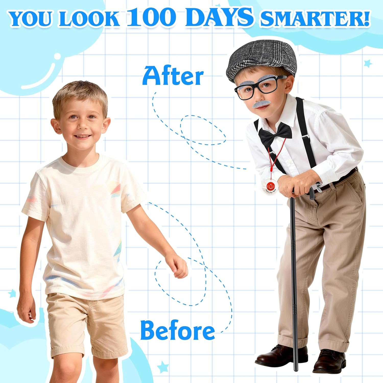 Kids 100 Days of School Costume for Boys - 1920s Old Man Grandpa Costume Set with Beret, Cane, Mustache & Wallet for 100th Day of School, Halloween, Pretend Play Dress Up - Image 8