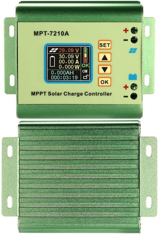 Top and bottom view of MPT-7210A Solar Charge Controller showing terminal connections