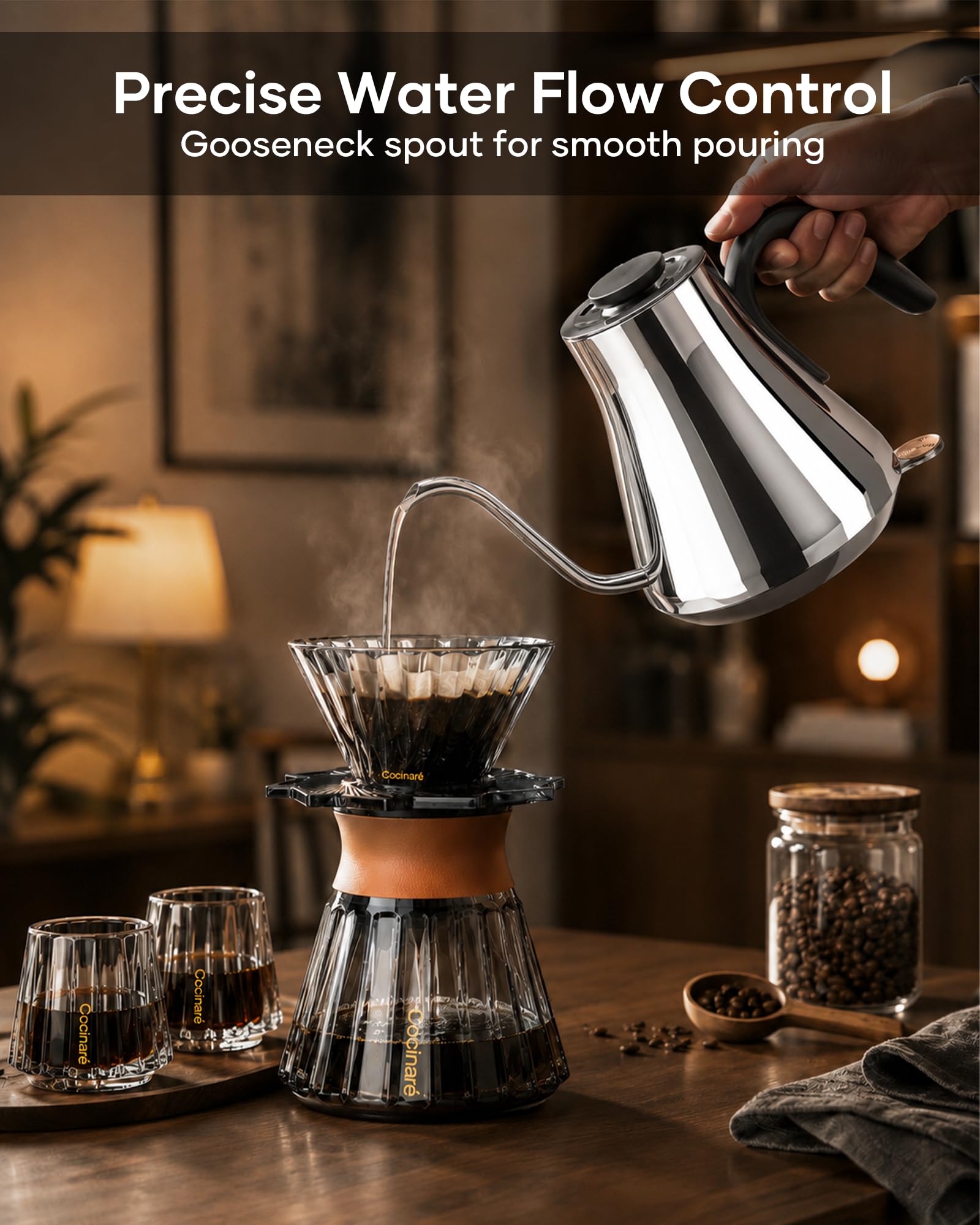 Cocinare Hervidor eléctrico de cuello de cisne de 0,8 l, 1440 W, boquilla de flujo de precisión de ebullición rápida para verter café y té, interior de acero inoxidable 304 sin BPA, apagado automático