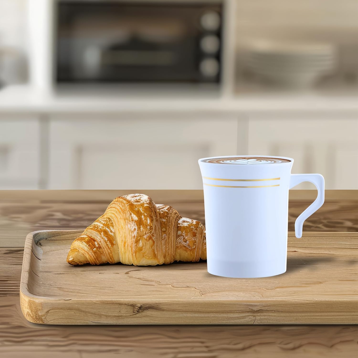 Smarty Had A Party 120 Disposable Coffee Mugs with Handles 8 oz – White with Gold Rim Plastic Coffee Cups for Hot Tea, Cocoa & Weddings – Elegant Bulk Drinkware