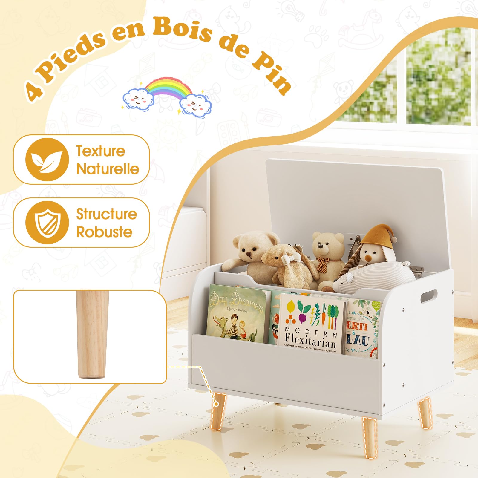 COSTWAY Coffre à Jouet Enfant avec Couvercle Rabattable et Bibliothèque Frontale, Coffre de Rangement Enfant avec 4 Pieds en Pin, Charnière de Sécurité, Organisateur pour 3 Ans+, 60x40x43cm (Blanc)