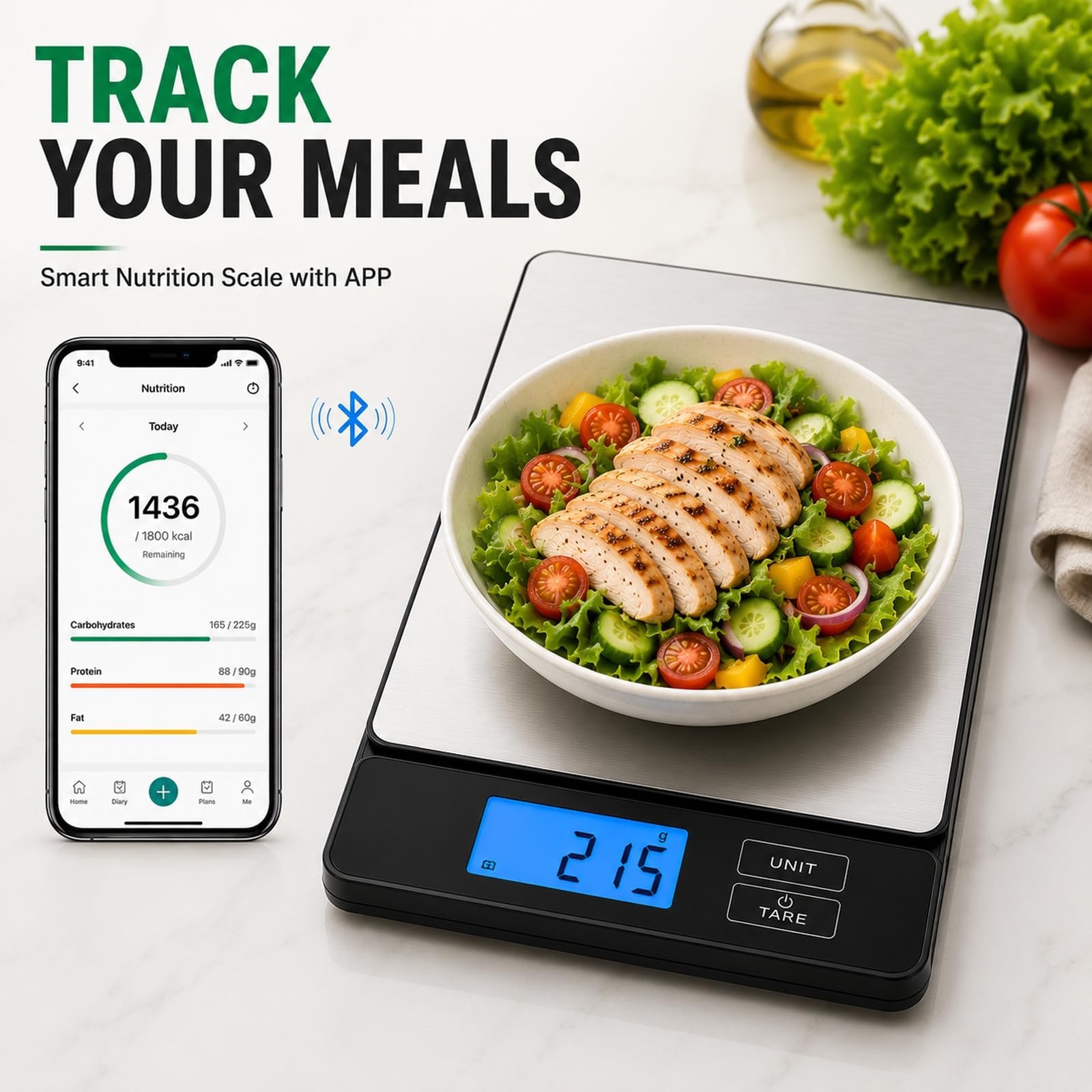 Smart Food Scale with Nutritional Calculator, Digital Kitchen Scale with Bluetooth App for Weight Loss, Food Weight Scale for Diet, Keto, Macro, Calories Counting, Tracking, Stainless Steel