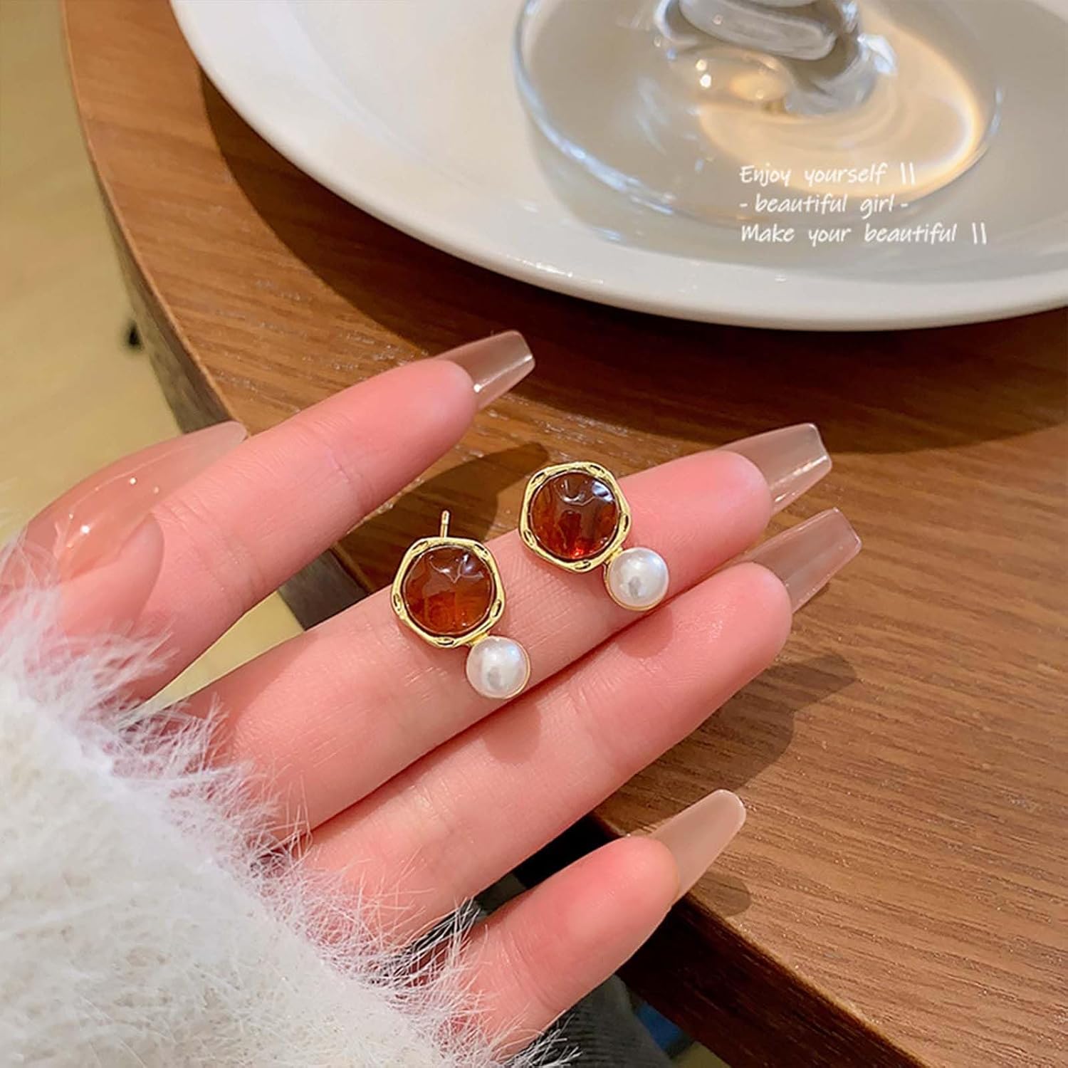 Vintage Pearl Dangle Earrings Amber Stone Earrings Gold Amber Stone Stud Earrings Pearl Drop Earrings Pearl Amber Stone Earrings Jewelry for Women and Girls - Image 3