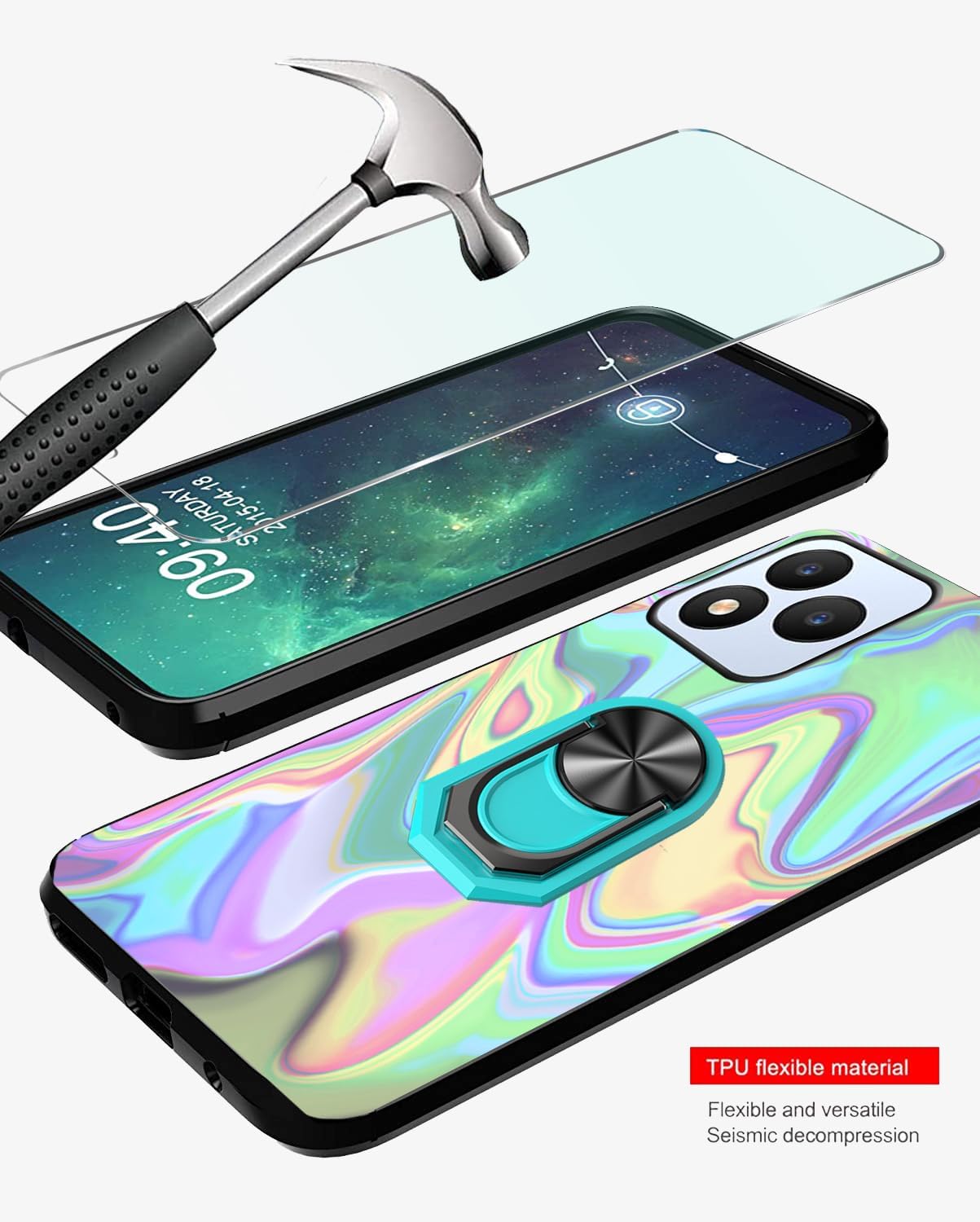 Soft TPU Case for Vortex J24, Vortex Cellular J24 Tempered Glass Screen Protectors 9H, Built-in Ring Finger Holder Kickstand [Support Car Magnetic] Hands Free | Multi-colored Art Wavy Painting - Image 8