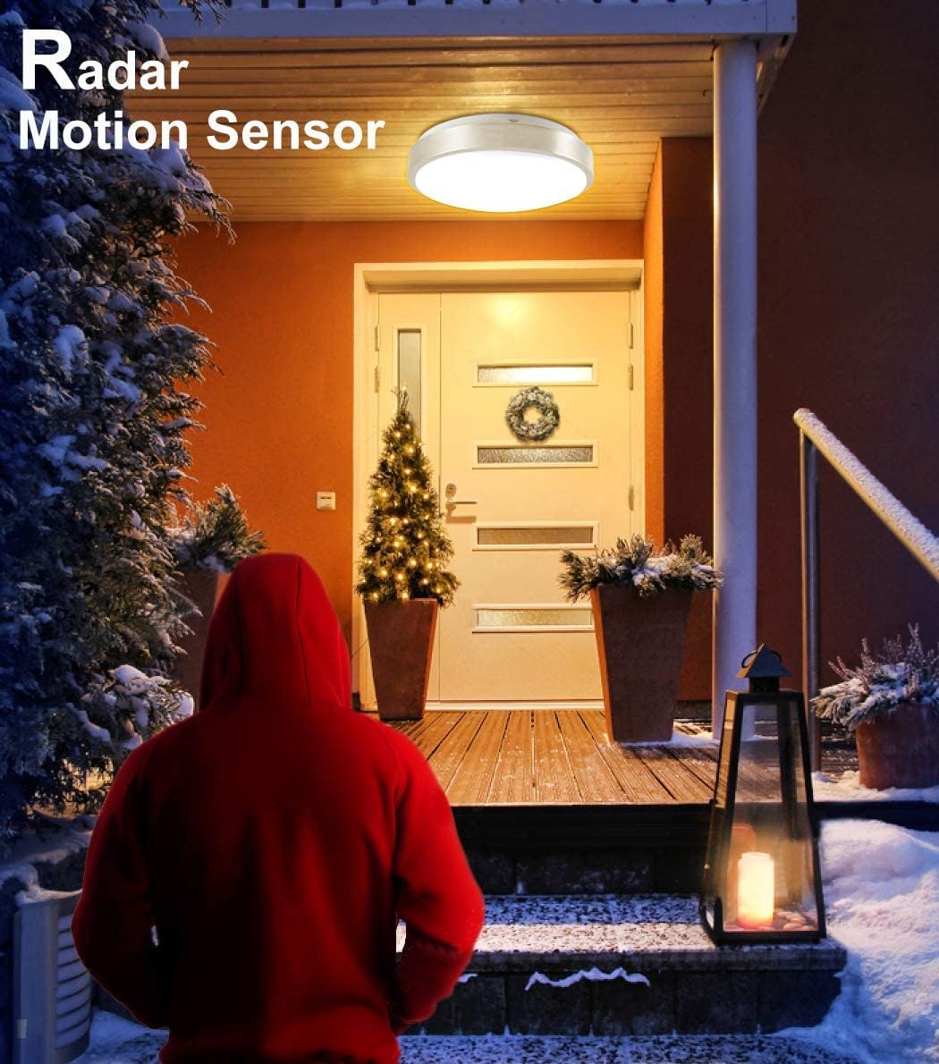 LINEWAY Motion Sensor Ceiling Light Indoor 18W 10inch 1800lm Warm White Radar Sensor Ceiling Lamp LED Flush Mount Round Lighting for Garage Porch Laundry Hallway