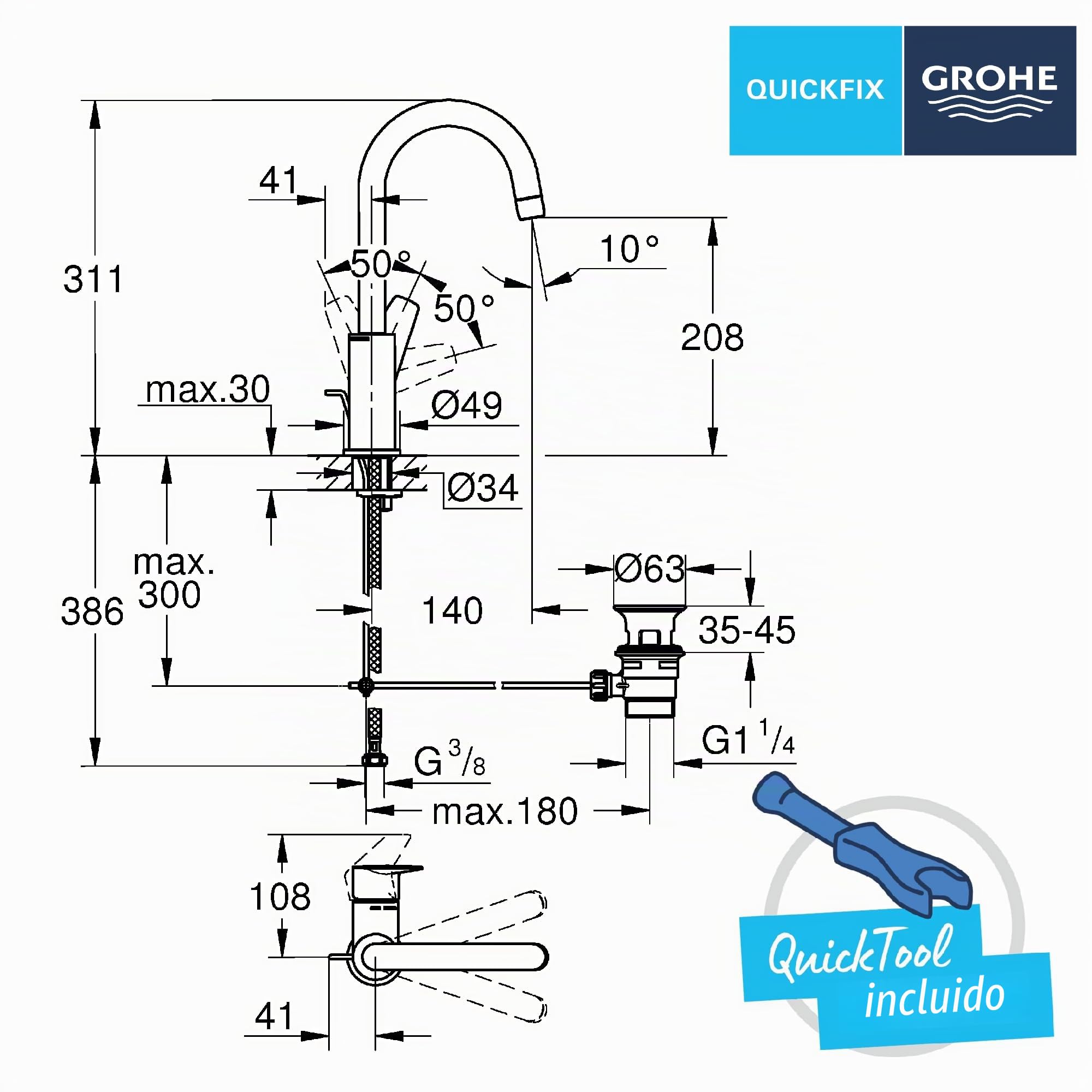 Grohe Start Edge QuickFix- Grifo de lavabo monomando L (caño alto en C giratorio, vaciador push-open, menor consumo de agua, altura 311mm), cromo, 24201001