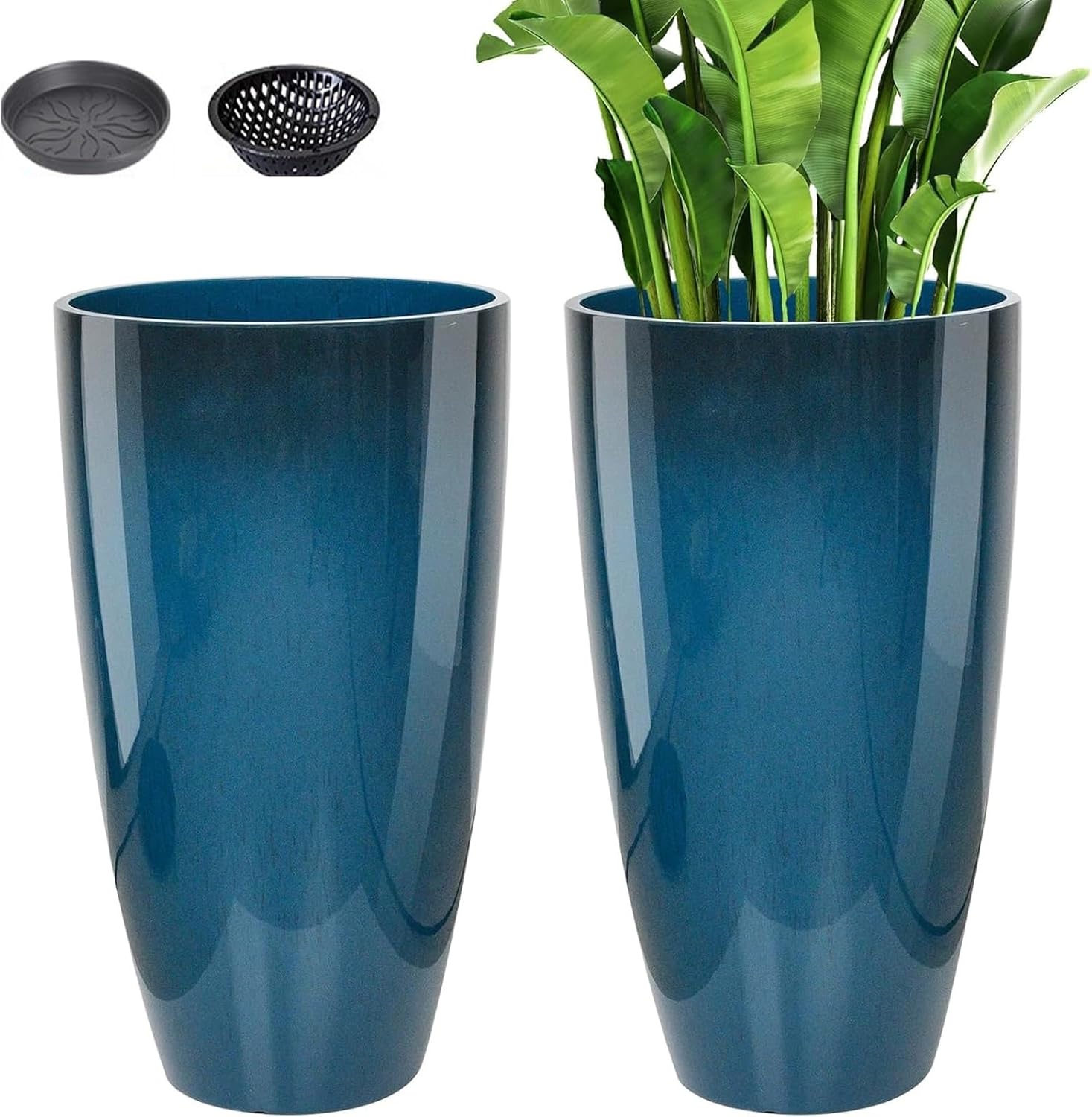 Pack of 2 21" Inch Tall Flower Pot, Indoor Outdoor Plant Pot, Modern Navy Blue Glossy Planter, Resin Weather-Resistant Large Flower Pots for Home Decor