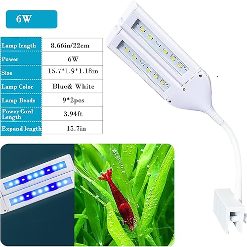 Miniatura 9 de Luz LED para acuario con clip de espectro completo para pecera, luz para plantas, luz de brazo oscilante doble (4 vatios)