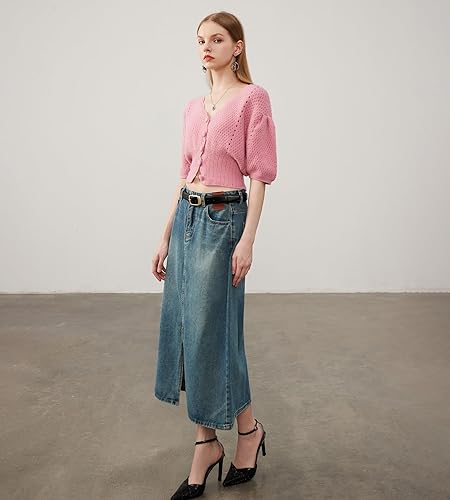 Miniatura 4 de Suéter de manga corta abombada para mujer, cuello en V, botones, tejido suave de ganchillo